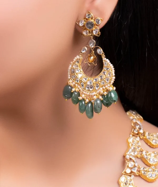 Sanaya Long Necklace And Aadhya Chandbalis Polki And Diamond Set - Image 3