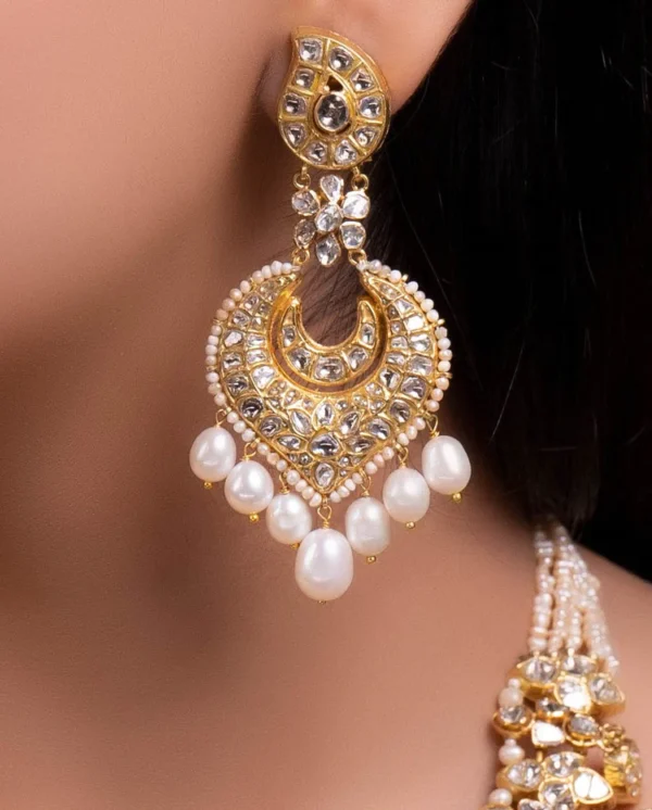 Shaheen Long Necklace And Ishika Chandbalis Polki Set - Image 2