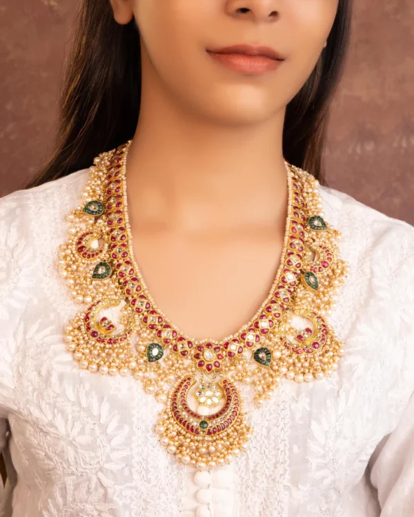 Yashika Long Necklace And Roohi Chandbalis Polki Set - Image 5