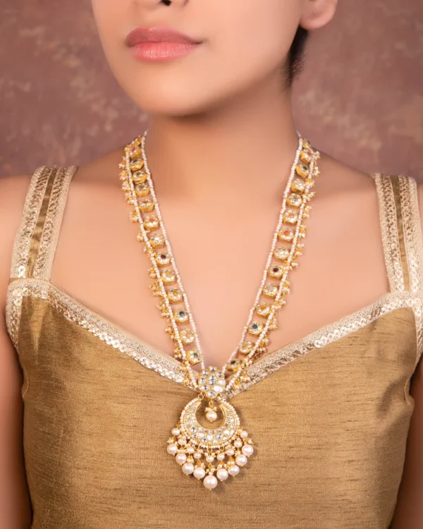 Sambhavi Long Necklace And Shreya Tops Polki Set - Image 3