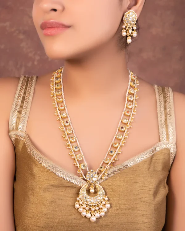Sambhavi Long Necklace And Shreya Tops Polki Set - Image 4