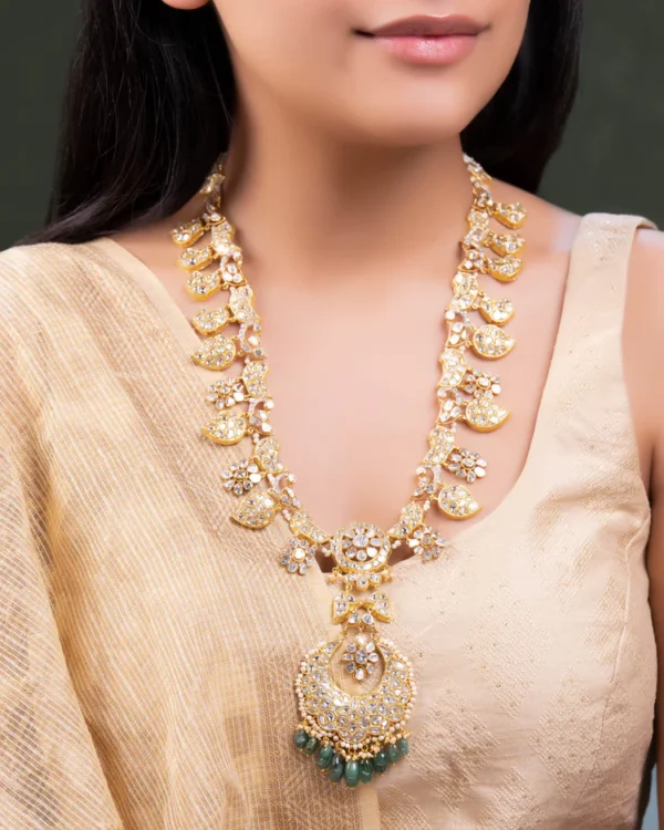 Sanaya Long Necklace And Aadhya Chandbalis Polki And Diamond Set - Image 6