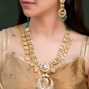 Charvi Long Necklace And Shubhi Chandbalis Polki And Diamond Set