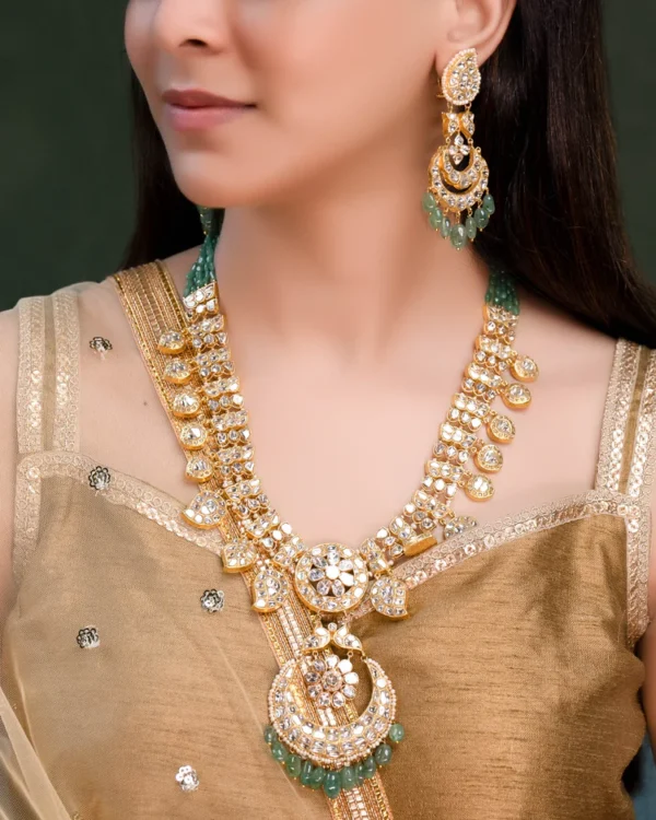 Charvi Long Necklace And Shubhi Chandbalis Polki And Diamond Set