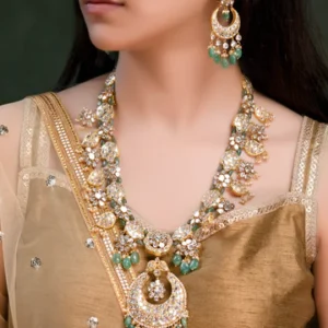 Adhira Long Necklace And Ishani Chandbalis Polki Set