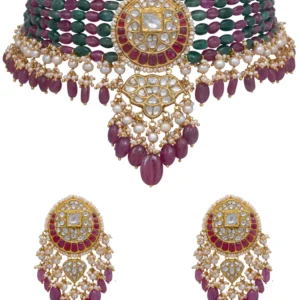 Normani Bead Choker and Tejal Long Earrings Polki Set