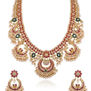 Yashika Long Necklace And Roohi Chandbalis Polki Set