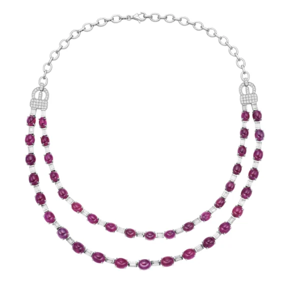 Ruby Oval White Diamond Round White Gold Necklace